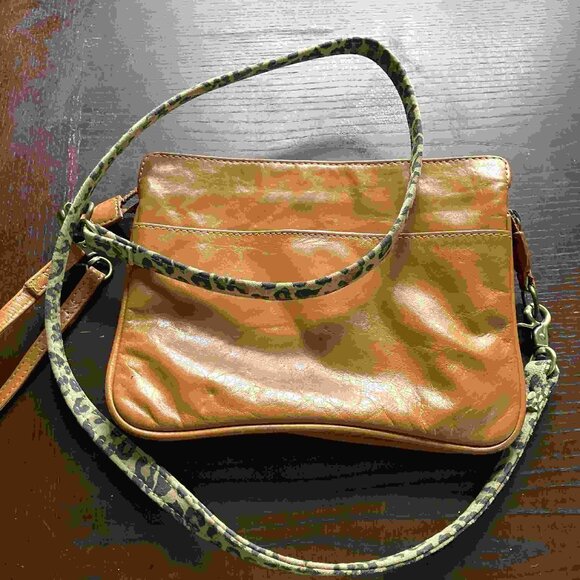 Small Golden Leather Crossbody Wristlet Handbag with Leopard Strap - Picture 1 of 4